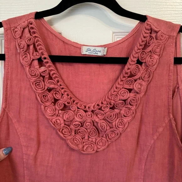 Blu Orchid Coral Pink Italian Linen Rosette Neck Sleeveless Mini Shirt Dress Med - Picture 3 of 13